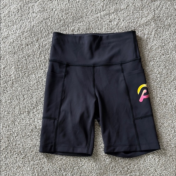 Peloton Black Athletic Shorts with Pink and Yellow Logo - Picture 1 of 6